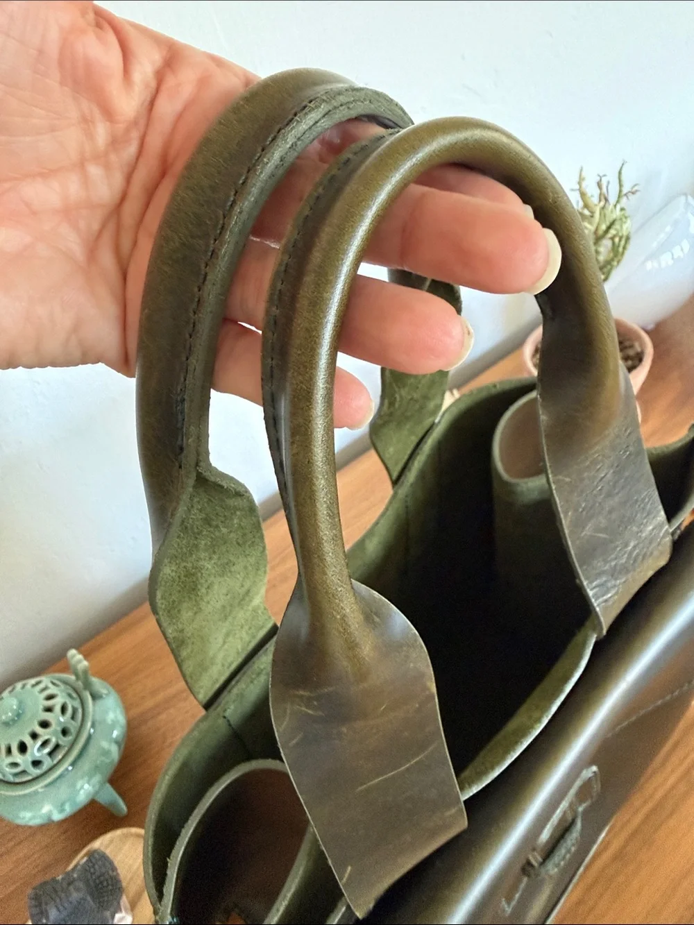 Agnes Baddoo - Classic Leather Satchel Bag in Olive Green - Women